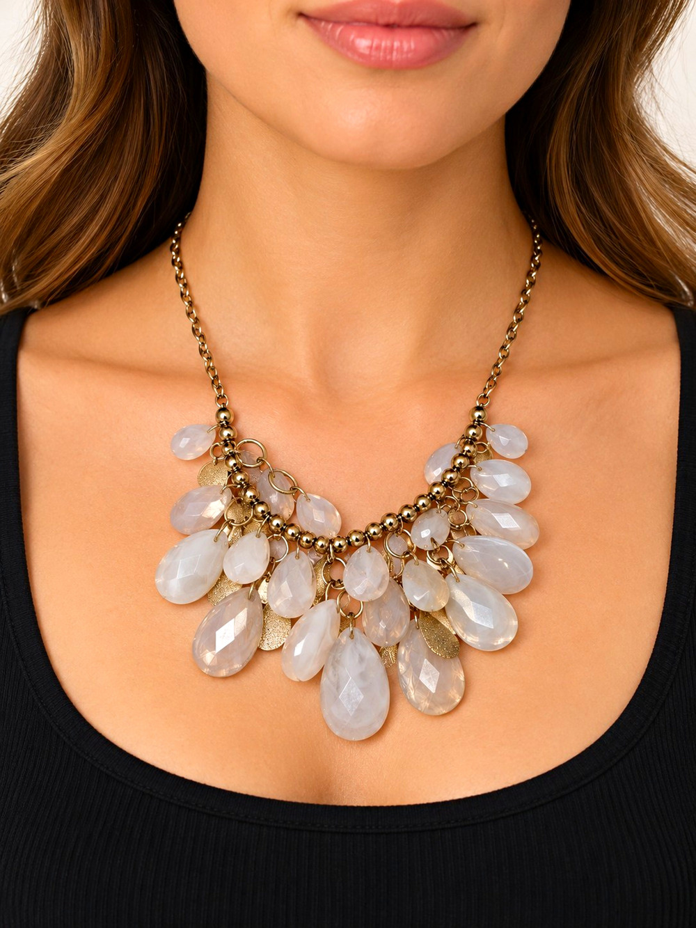 Women’s Statement Necklace White Faceted Teardrop Beads Gold Tone Adjustable